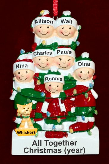 Family Christmas Ornament Holiday Lights for 7 with 1 Dog, Cat, Pets Custom Add-ons Personalized by RussellRhodes.com