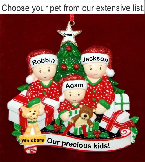 Our 3 Precious Kids Christmas Ornament Gifts Under the Tree with Pets Personalized by RussellRhodes.com