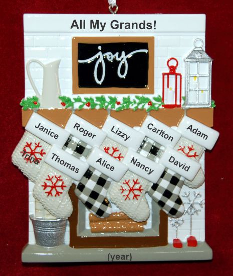 9 Grandkids Ornament Holiday Mantel with Optional Dogs, Cats, or Other Pets Personalized by RussellRhodes.com