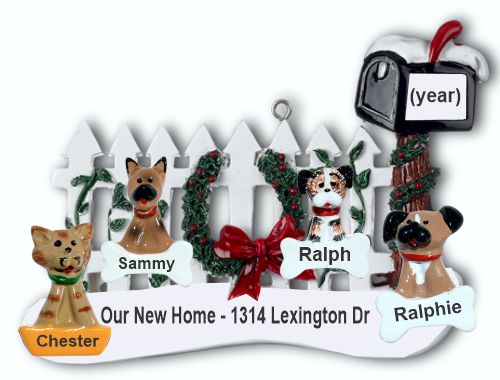 New Home Christmas Ornament Holiday Mail with 4 Dogs, Cats, Pets Custom Add-ons Personalized by RussellRhodes.com