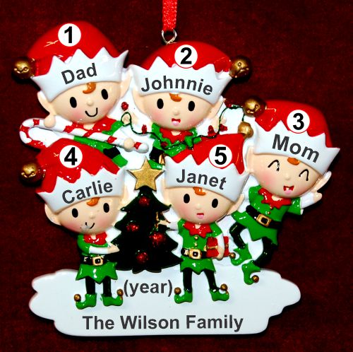 Family of 5 Ornament Elf Magic with Optional Dogs, Cats, or Other Pets Personalized by RussellRhodes.com