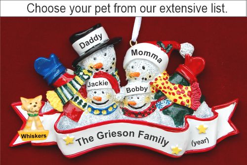 Warm Woolens Snow Family of 4 Christmas Ornament Personalized by Russell Rhodes