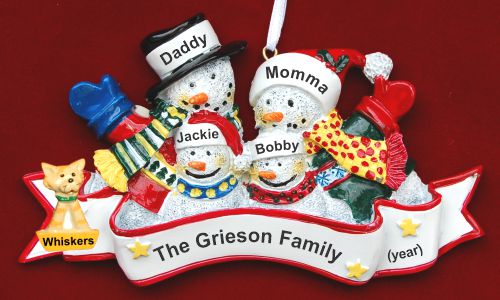 Family Christmas Ornament Warm Woolens for 4 with 1 Dog, Cat, Pets Custom Add-ons Personalized by RussellRhodes.com