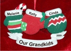 Christmas Mittens 3 Grandkids Christmas Ornament Personalized by Russell Rhodes