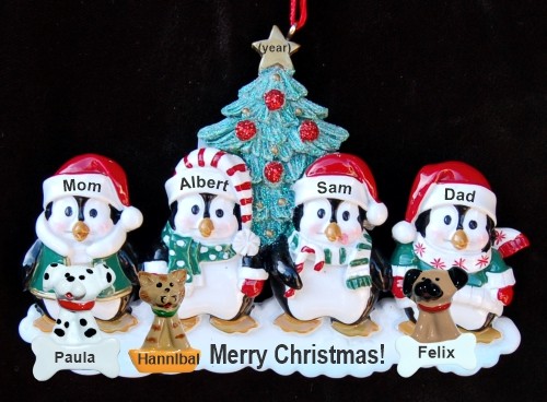 Family Christmas Ornament Winter Penguins for 4 with 3 Dogs, Cats, Pets Custom Add-ons Personalized by RussellRhodes.com