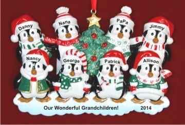 Our 6 Grandkids with Both Grandparents - Penguin Fun Personalized Christmas Ornament Personalized by Russell Rhodes