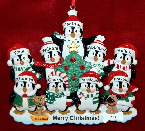 Family Christmas Ornament Winter Penguins for 9 with 2 Dogs, Cats, Pets Custom Add-ons Personalized by RussellRhodes.com