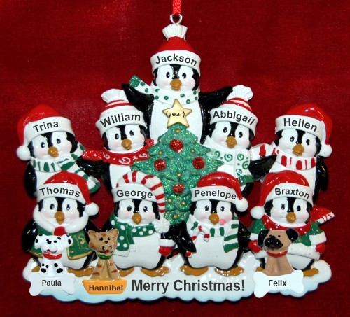 Family Christmas Ornament Winter Penguins for 9 with 3 Dogs, Cats, Pets Custom Add-ons Personalized by RussellRhodes.com