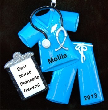 Medical Scrubs Blue Christmas Ornament Personalized Personalized by Russell Rhodes