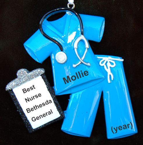 Medical Scrubs Christmas Ornament Blue Personalized by RussellRhodes.com