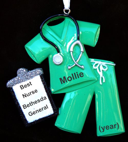 Medical Scrubs Christmas Ornament Green Personalized by RussellRhodes.com