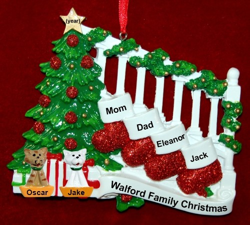 Family Christmas Ornament Holiday Banister for 4 with 2 Dogs, Cats, Pets Custom Add-ons Personalized by RussellRhodes.com