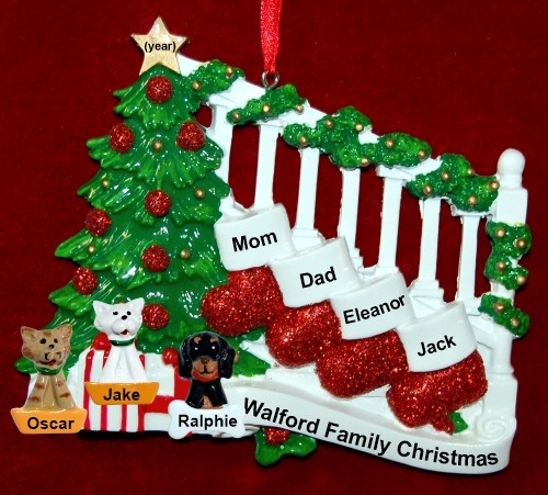 Family Christmas Ornament Holiday Banister for 4 with 3 Dogs, Cats, Pets Custom Add-ons Personalized by RussellRhodes.com