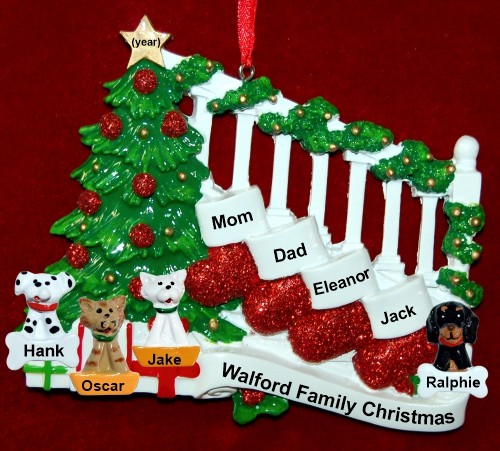 Family Christmas Ornament Holiday Banister for 4 with 4 Dogs, Cats, Pets Custom Add-ons Personalized by RussellRhodes.com