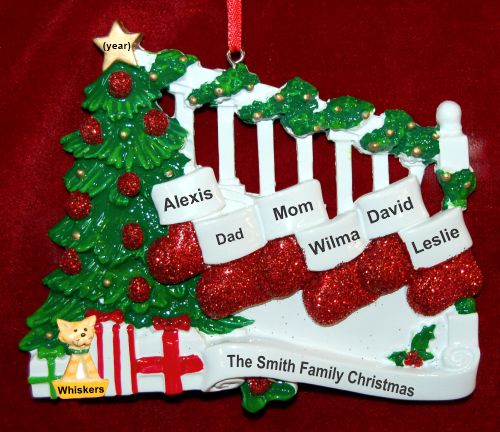 Family Christmas Ornament Holiday Banister for 6 with 1 Dog, Cat, Pets Custom Add-ons Personalized by RussellRhodes.com