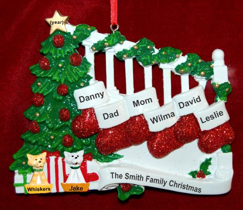 Family Christmas Ornament Holiday Banister for 6 with 2 Dogs, Cats, Pets Custom Add-ons Personalized by RussellRhodes.com