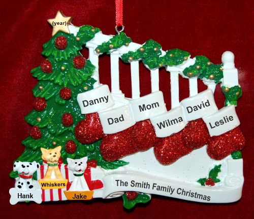 Family Christmas Ornament Holiday Banister for 6 with 3 Dogs, Cats, Pets Custom Add-ons Personalized by RussellRhodes.com