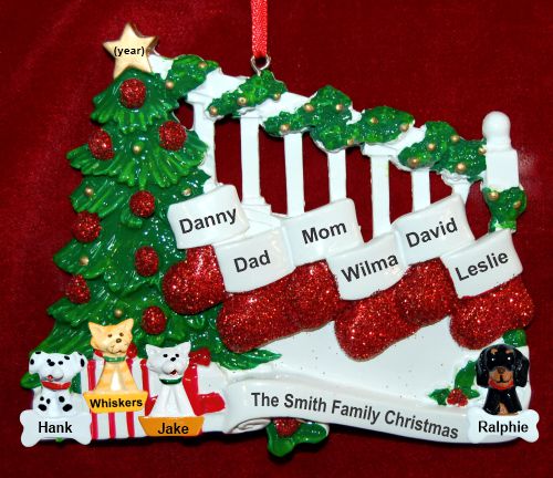 Family Christmas Ornament Holiday Banister for 6 with 4 Dogs, Cats, Pets Custom Add-ons Personalized by RussellRhodes.com