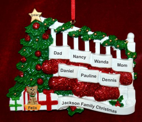 Family Christmas Ornament Holiday Banister for 7 with 1 Dog, Cat, Pets Custom Add-ons Personalized by RussellRhodes.com