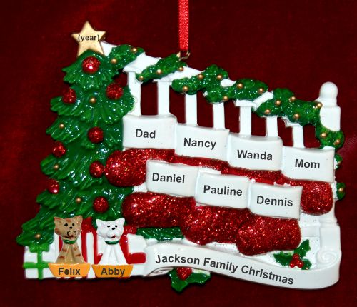 Family Christmas Ornament Holiday Banister for 7 with 2 Dogs, Cats, Pets Custom Add-ons Personalized by RussellRhodes.com