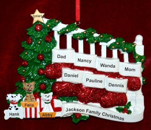 Family Christmas Ornament Holiday Banister for 7 with 3 Dogs, Cats, Pets Custom Add-ons Personalized by RussellRhodes.com