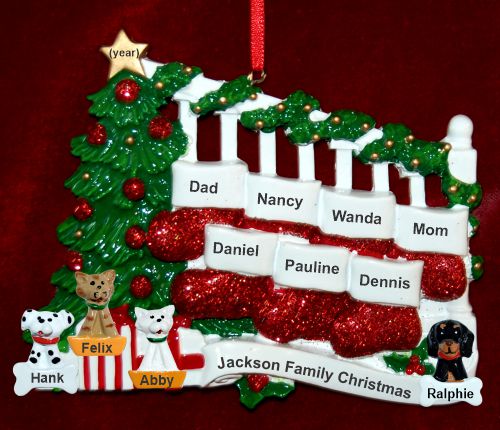 Family Christmas Ornament Holiday Banister for 7 with 4 Dogs, Cats, Pets Custom Add-ons Personalized by RussellRhodes.com
