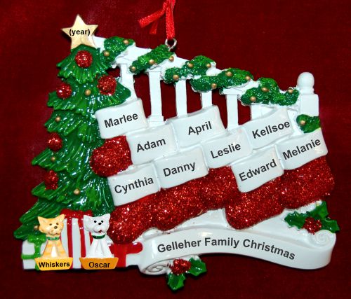 Family Christmas Ornament Holiday Banister for 9 with 2 Dogs, Cats, Pets Custom Add-ons Personalized by RussellRhodes.com