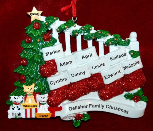Family Christmas Ornament Holiday Banister for 9 with 3 Dogs, Cats, Pets Custom Add-ons Personalized by RussellRhodes.com