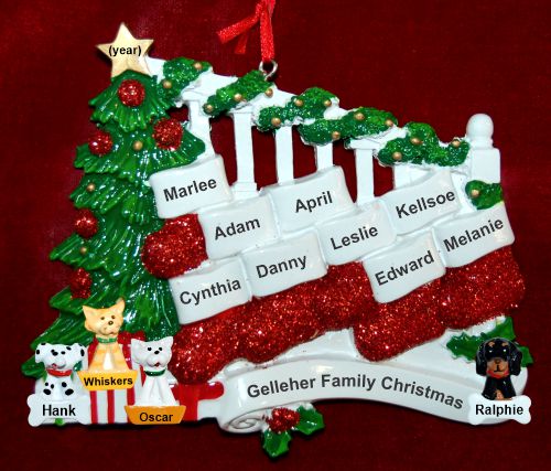 Family Christmas Ornament Holiday Banister for 9 with 4 Dogs, Cats, Pets Custom Add-ons Personalized by RussellRhodes.com