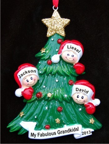 My Three Grandkids Looking Out for Santa Christmas Ornament Personalized by RussellRhodes.com