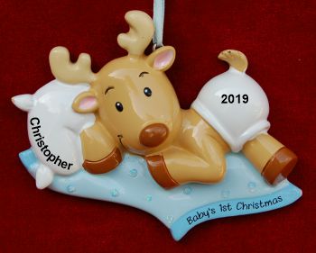 Baby Reindeer Blue Blanket Christmas Ornament Personalized Personalized by Russell Rhodes