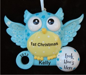 What a Hoot! Baby Boy's First Christmas Christmas Ornament Personalized by Russell Rhodes