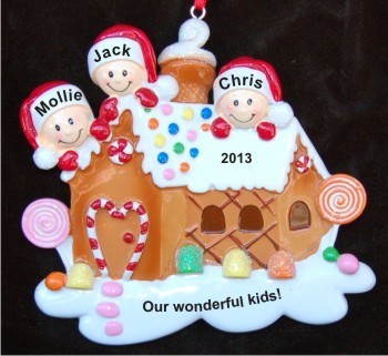 Gingerbread House Our Three Kids Christmas Ornament Personalized by Russell Rhodes