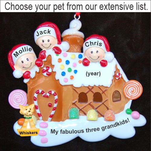 Gingerbread House Our Three Kids Christmas Ornament with Pets Personalized by RussellRhodes.com