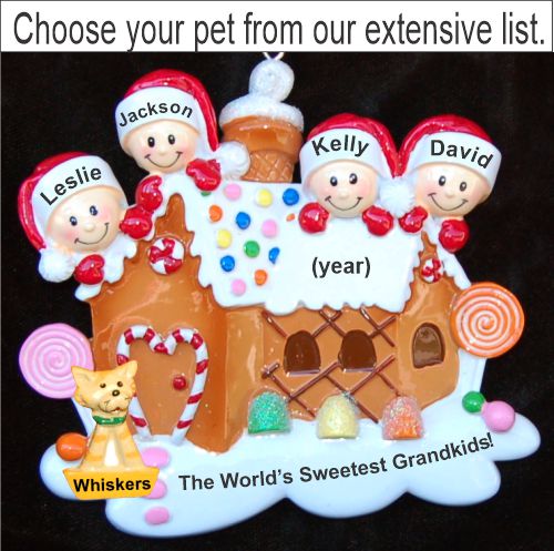 Gingerbread House Our Four Kids Christmas Ornament with Pets Personalized by RussellRhodes.com