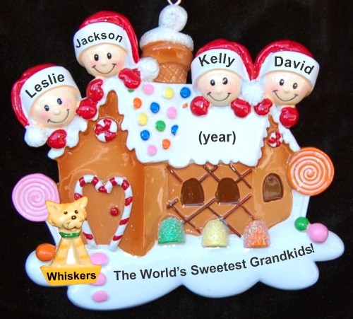Family Christmas Ornament Gingerbread House Our 4 Kids with 1 Dog, Cat, Pets Custom Add-on Personalized by RussellRhodes.com