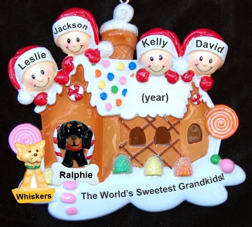 Family Christmas Ornament Gingerbread House Our 4 Kids with 2 Dogs, Cats, Pets Custom Add-on Personalized by RussellRhodes.com