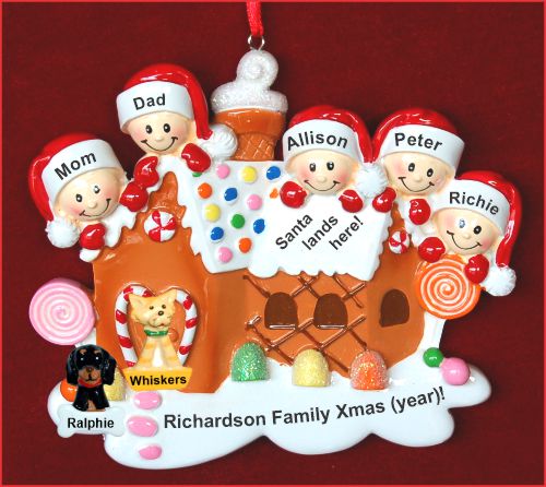 Family Christmas Ornament Gingerbread House Our 5 Kids with 2 Dogs, Cats, Pets Custom Add-on Personalized by RussellRhodes.com