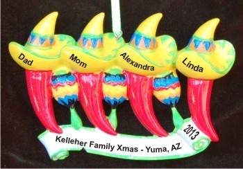 Terlingua Pride Chilis Family of 4 Christmas Ornament Personalized by Russell Rhodes
