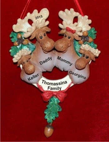 Happy Moose Family of 4 Christmas Ornament Personalized by Russell Rhodes