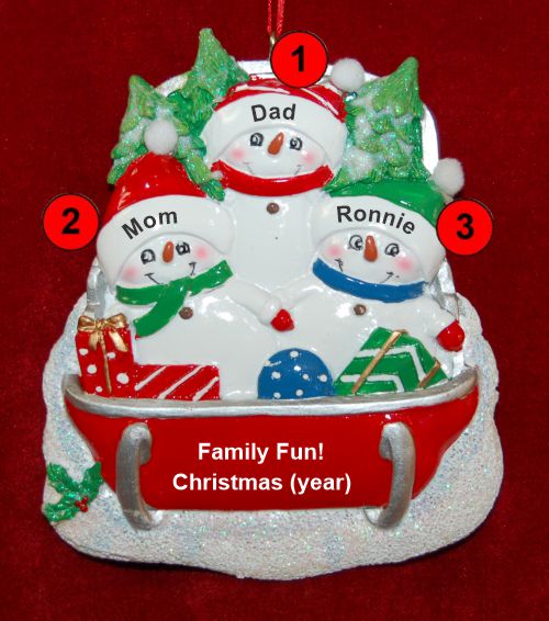 Family Christmas Ornament Sledding Fun for 3 Personalized by RussellRhodes.com