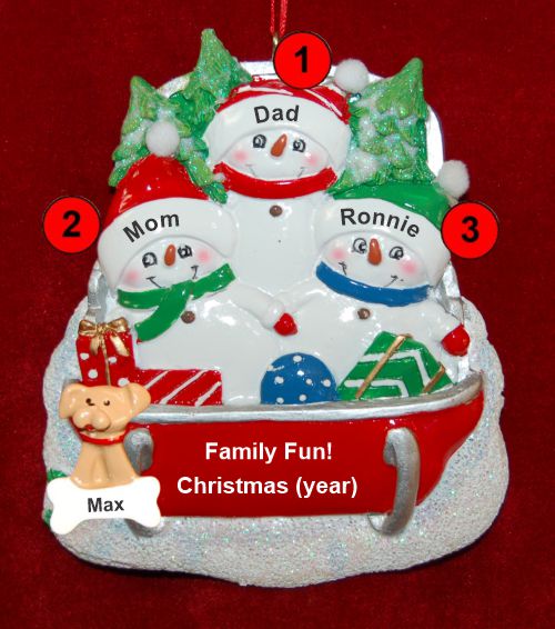 Family Christmas Ornament Sledding Fun for 3 with Dogs, Cats, Pets Custom Add-ons Personalized by RussellRhodes.com