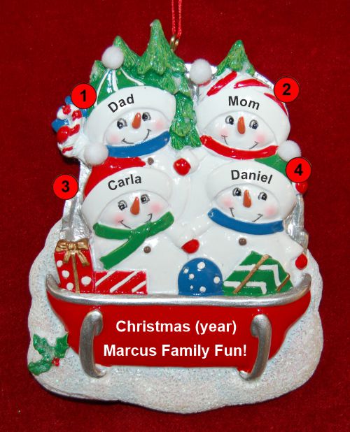 Family Christmas Ornament Sledding Fun for 4 Personalized by RussellRhodes.com