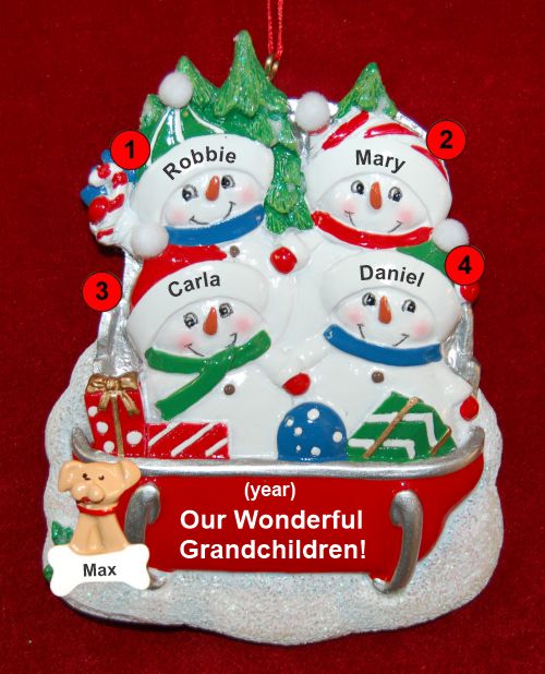 Grandparents Christmas Ornament 4 Grandkids Sledding Fun with Dogs, Cats, Pets Custom Add-ons Personalized by RussellRhodes.com