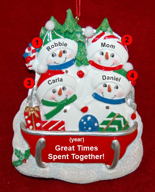 Single Mom Christmas Ornament Sledding Fun 3 Kids Personalized by RussellRhodes.com