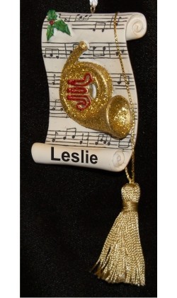 Golden French Horn with Sheet Music Christmas Ornament Personalized by Russell Rhodes