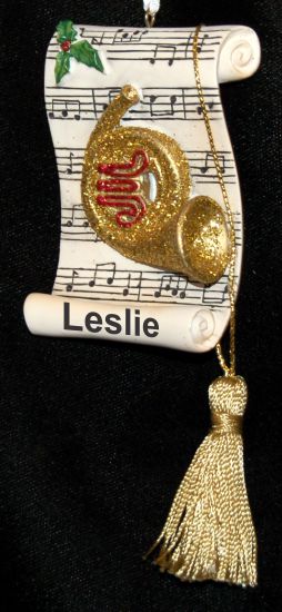 Golden French Horn with Sheet Music Christmas Ornament Personalized by RussellRhodes.com