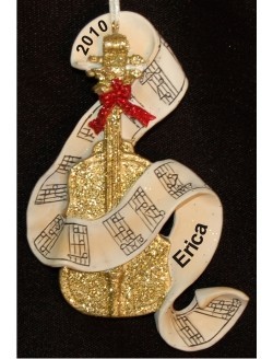 Golden Cello with Sheet Music Christmas Ornament Personalized by Russell Rhodes