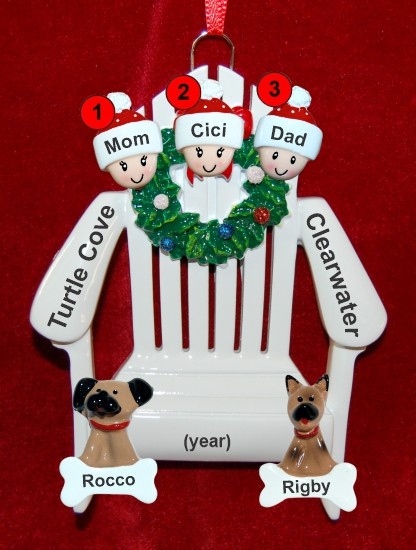 Family Christmas Ornament for 3 Relaxing in the Vacation Sun with 2 Dogs, Cats, Pets Custom Add-on Personalized by RussellRhodes.com