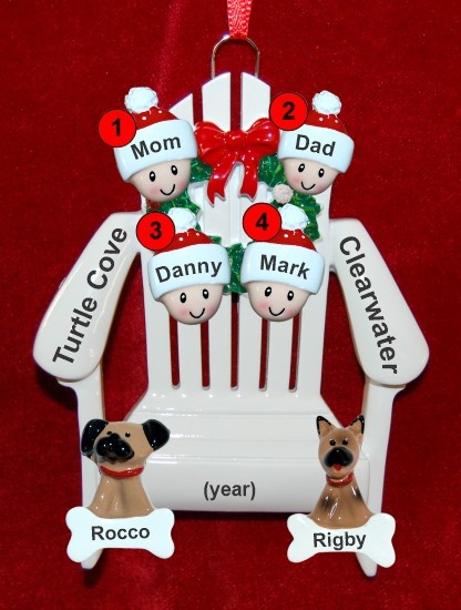 Family Christmas Ornament for 4 Relaxing in the Vacation Sun with 2 Dogs, Cats, Pets Custom Add-on Personalized by RussellRhodes.com